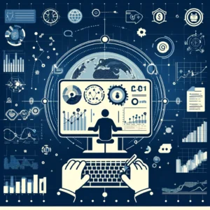 Illustratie van ChatGPT gebruikt voor data-analyse en inzichten, met een persoon die data analyseert op een computerscherm met grafieken, diagrammen en datapunten, tegen een achtergrond van digitale data-elementen en analyse-iconen.